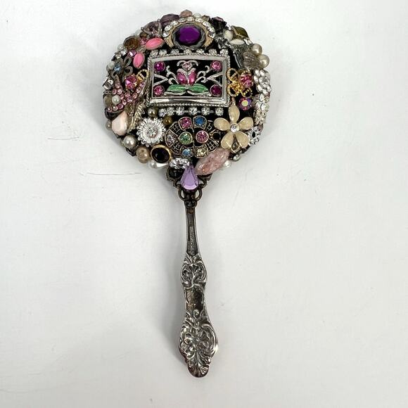 Handcrafted Bejeweled Handheld Mirror Miniature Ladies Mosaic Jewelry Beveled 5" - Picture 1 of 12
